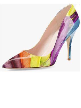 YDN Print Feather Pointed Closed Toe Mid Heel Pumps Slip on Slide Dress Shoe